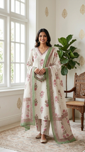 Women White Printed With Embroidered Cotton Kurta Pant Dupatta Set