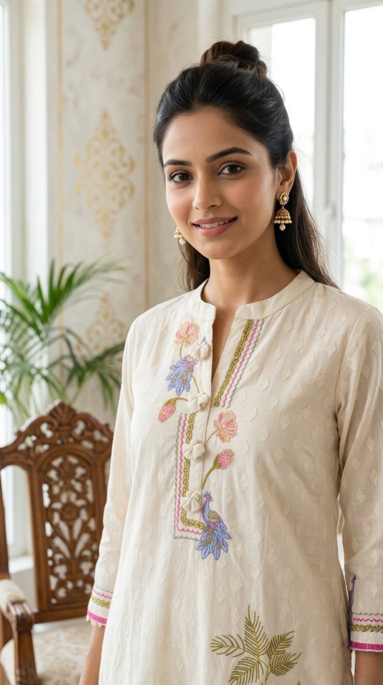 Women Off White Zari Embroidered Cotton Kurta Pant Set