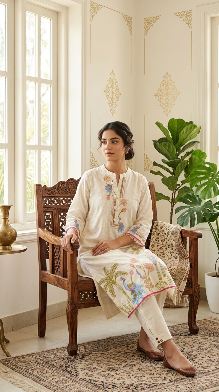 Women Off White Zari Embroidered Cotton Kurta Pant Set