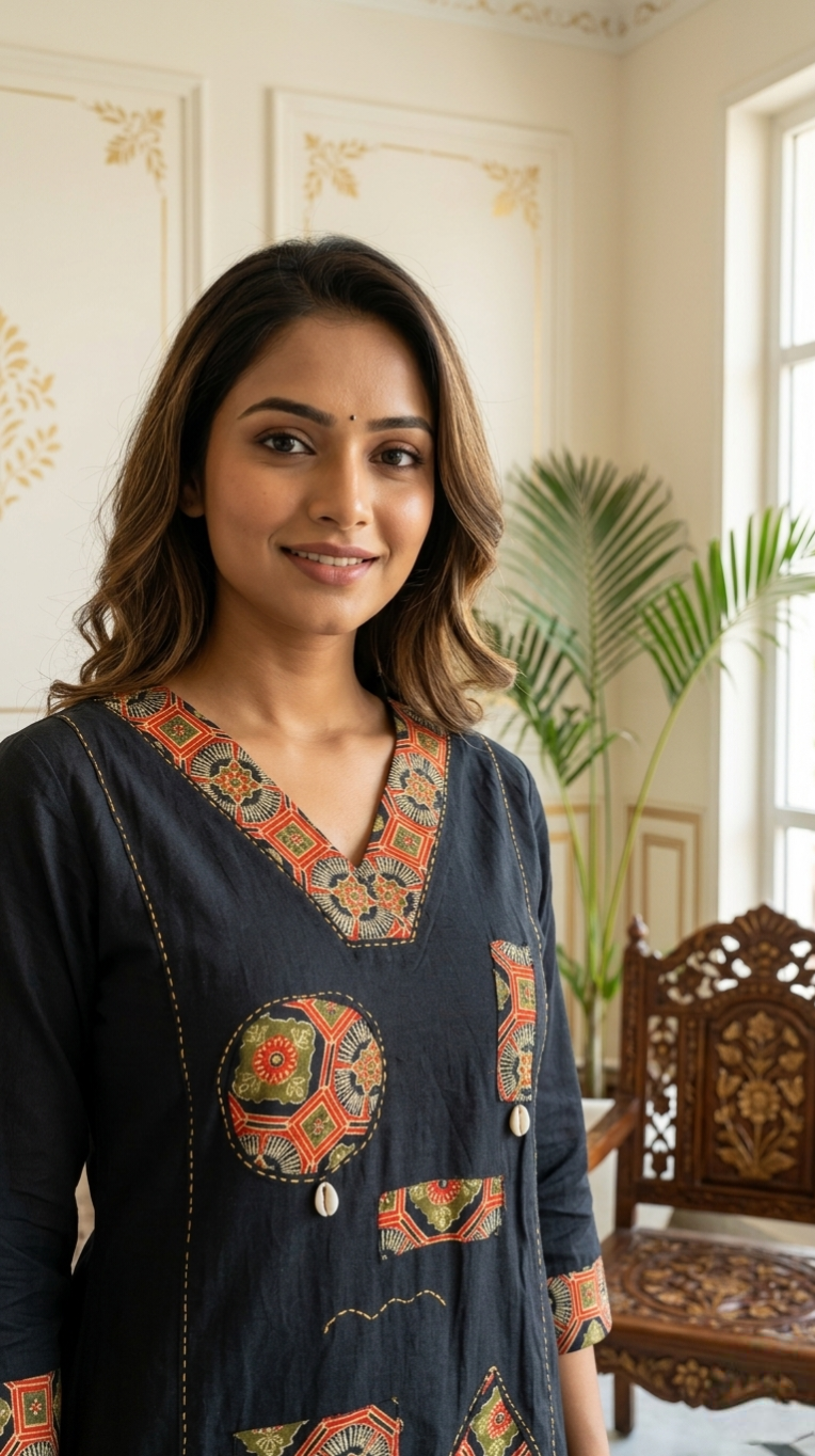 Women Black Thread With Patch Work Cotton Kurta Pant Dupatta Set