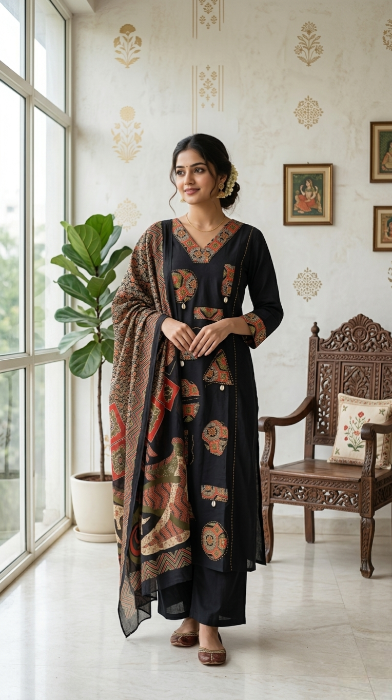 Women Black Thread With Patch Work Cotton Kurta Pant Dupatta Set