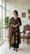 Women Black Thread With Patch Work Cotton Kurta Pant Dupatta Set