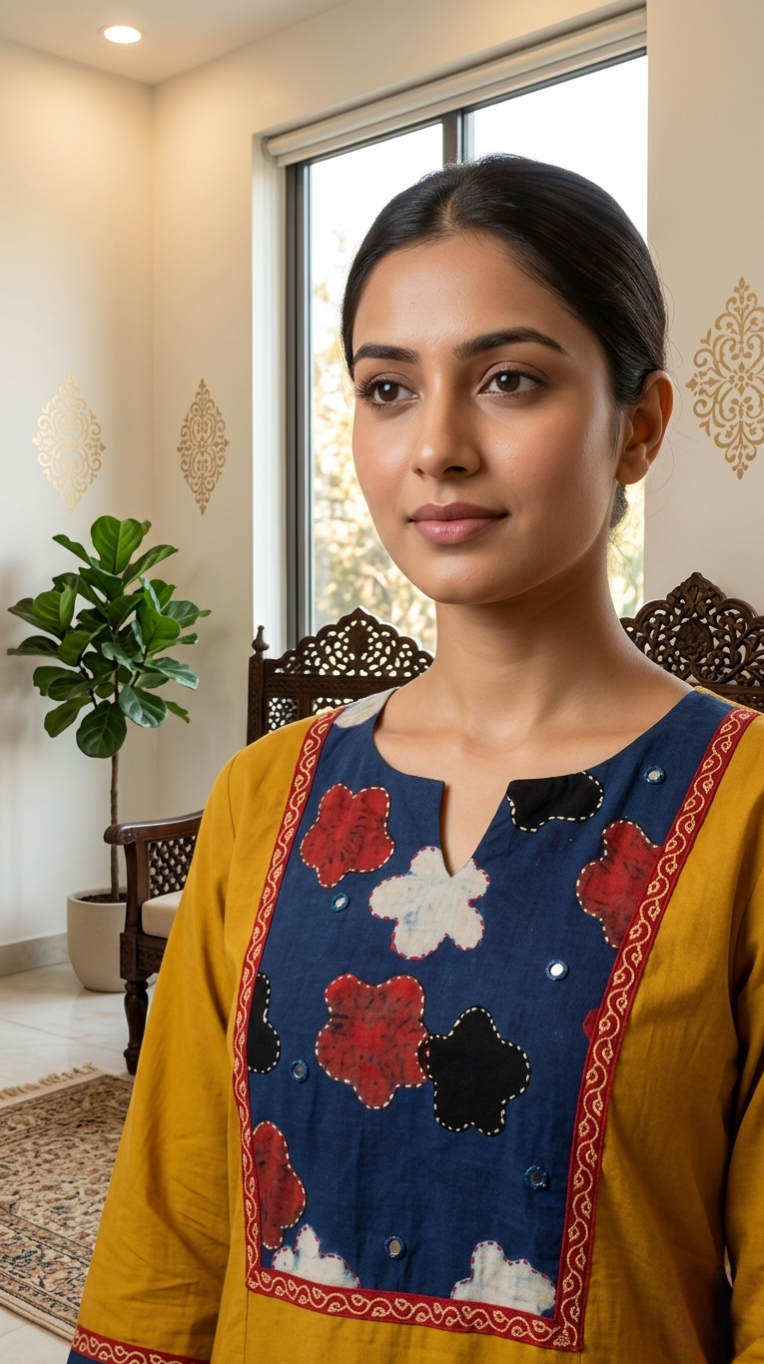 Women Mustard Yellow Patch Work Cotton Kurta Pant Set
