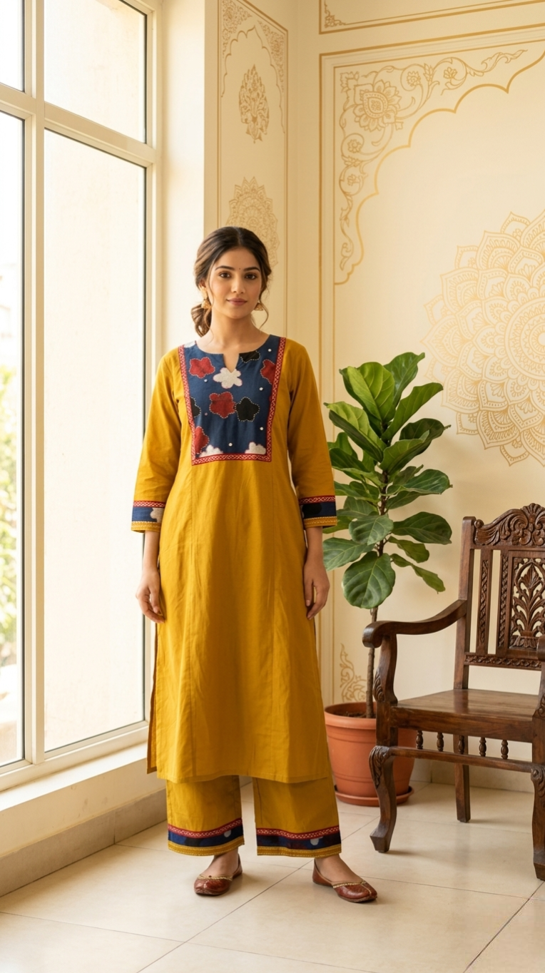 Women Mustard Yellow Patch Work Cotton Kurta Pant Set