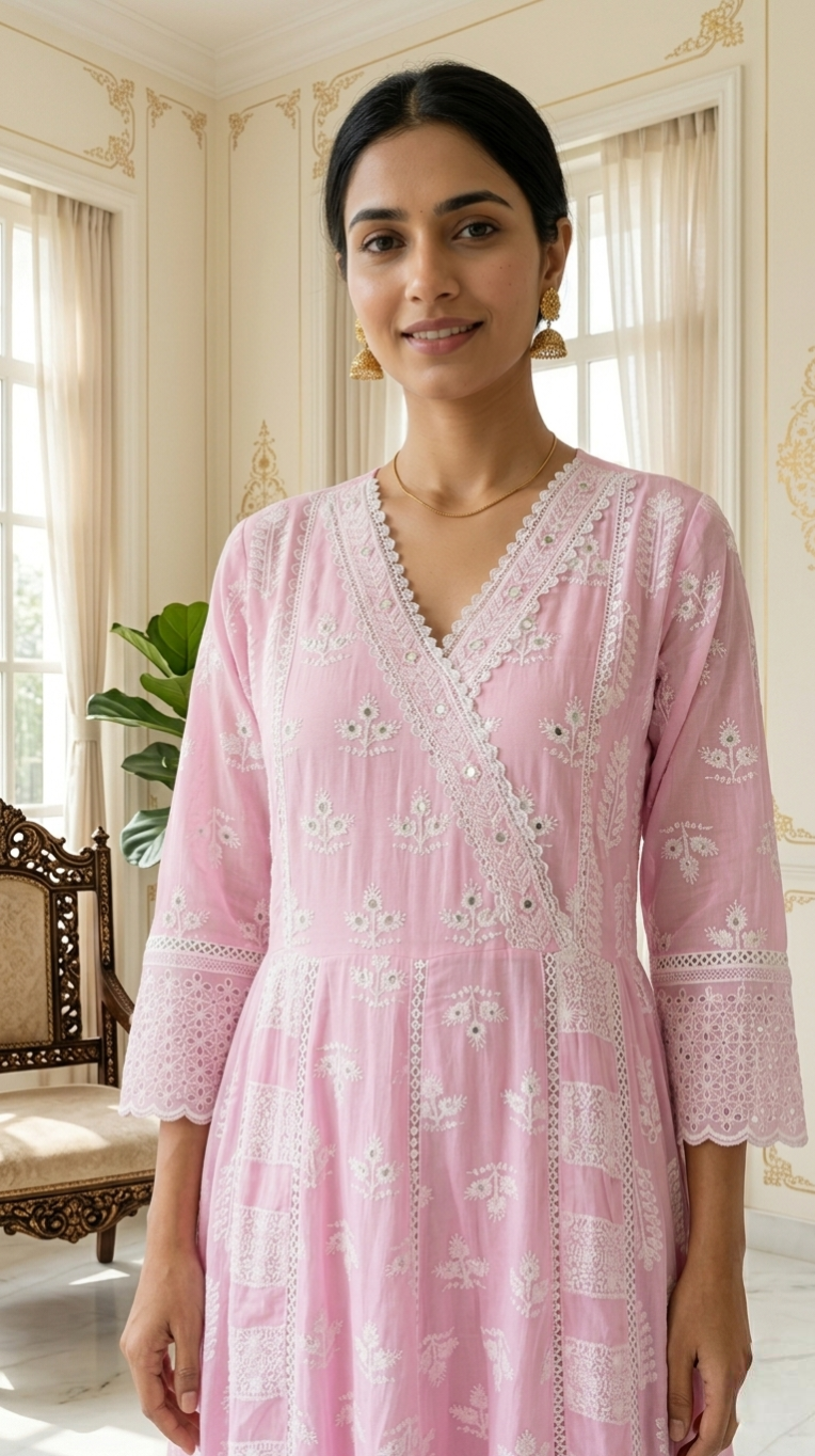 Women Pink Lucknowi Chikankari Embroidery Pure Cotton Anarkali Kurta Pant And Dupatta Set