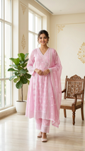 Women Pink Lucknowi Chikankari Embroidery Pure Cotton Anarkali Kurta Pant And Dupatta Set