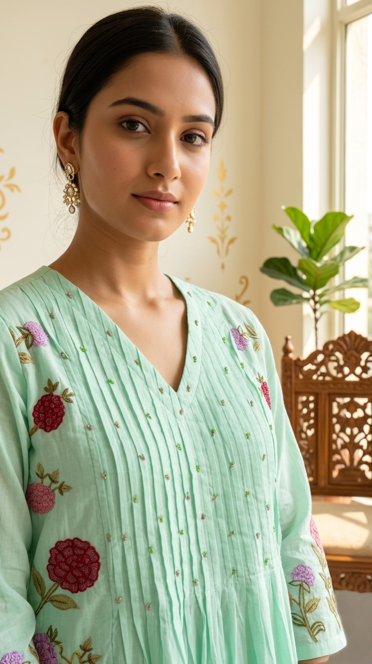 Women Green Thread Embroidered Pure Cotton Kurta Pant And Dupatta Set