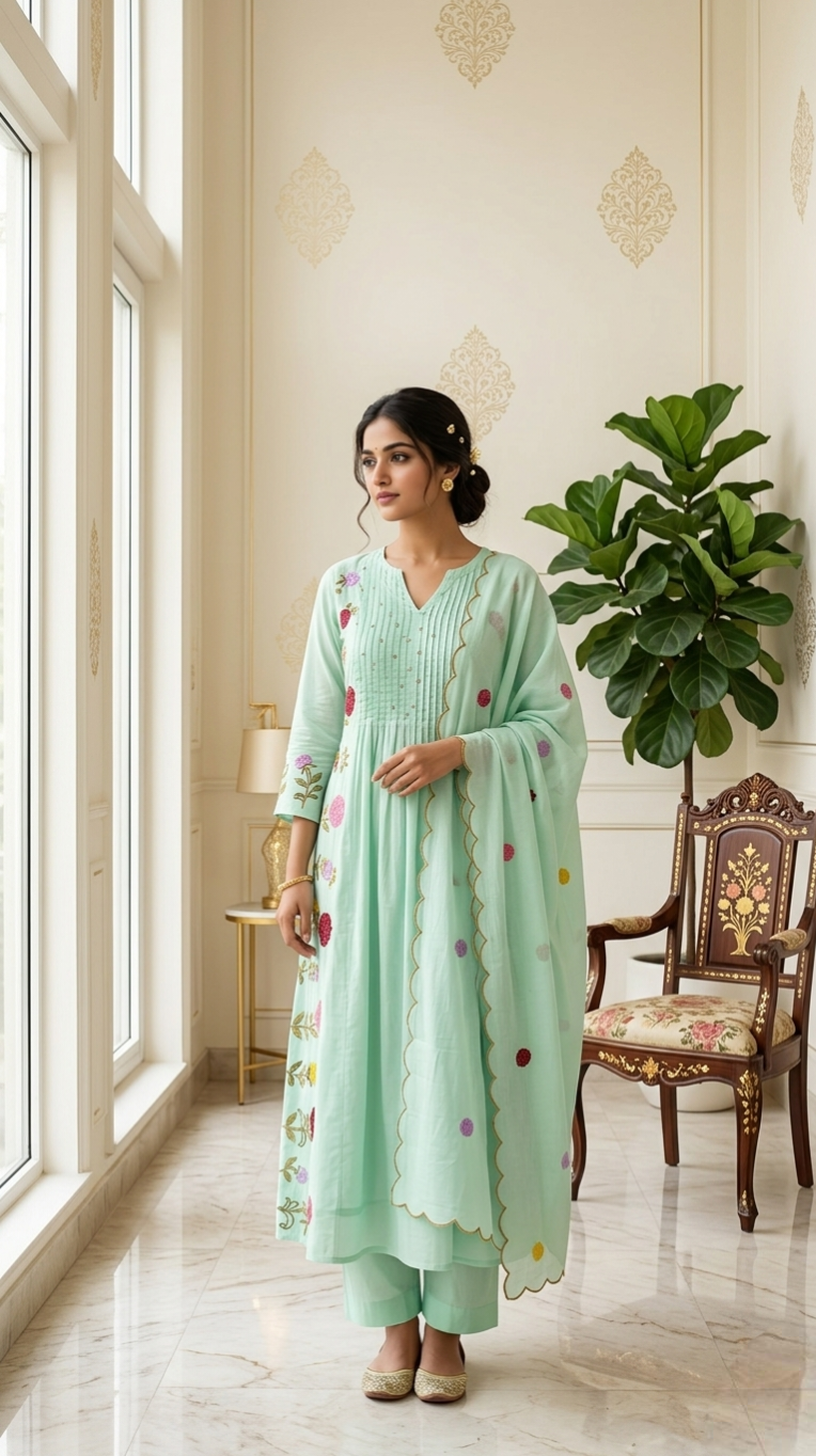 Women Green Thread Embroidered Pure Cotton Kurta Pant And Dupatta Set