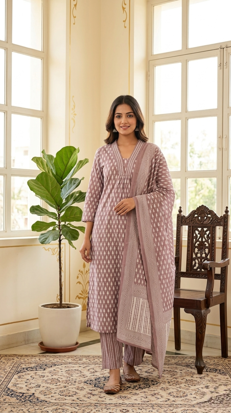 Women Onion Printed Cotton Kurta Pant Dupatta Set