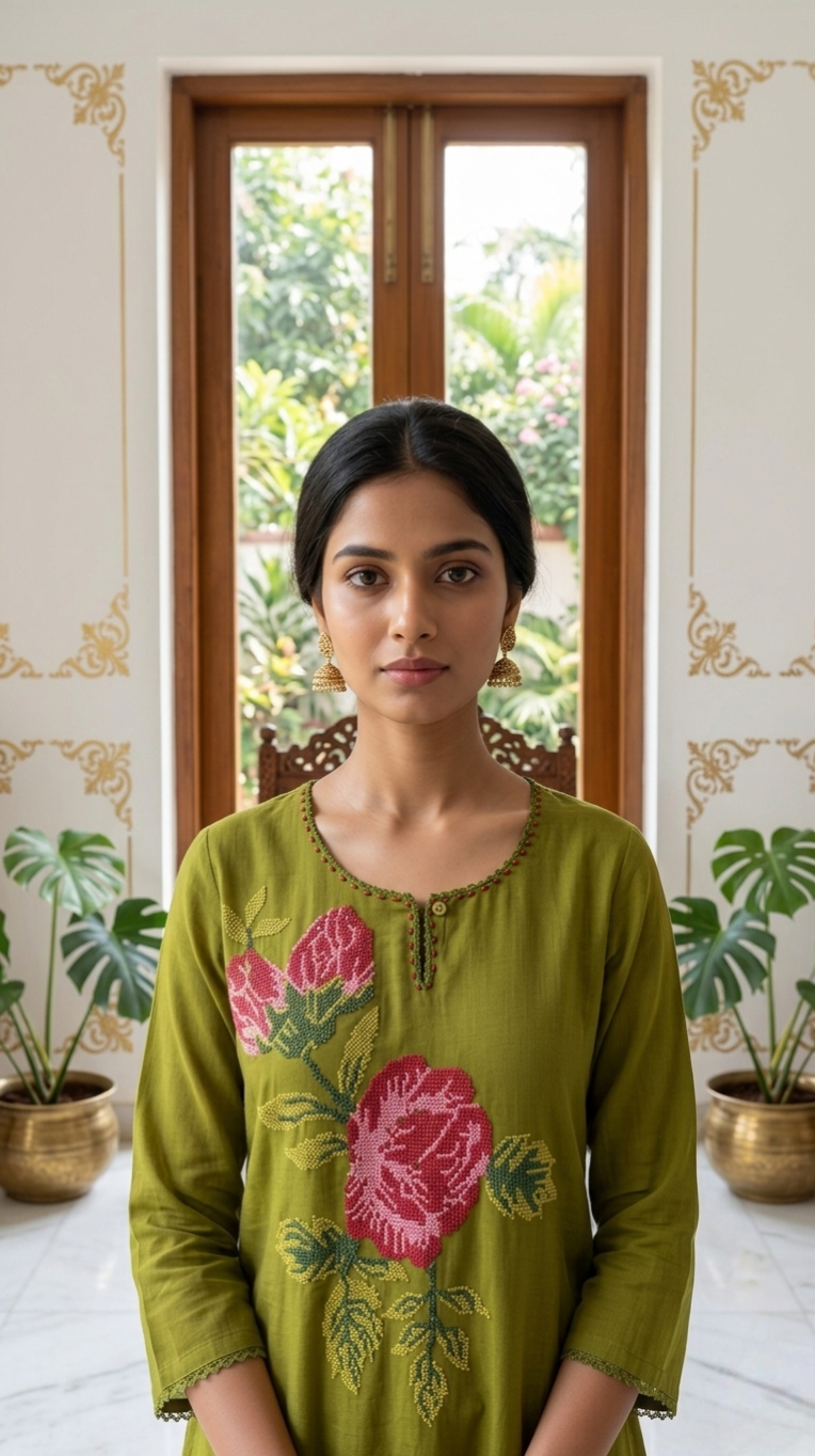 Women Mehandi Thread Embroidered Mul Cotton Kurta Pant Dupatta Set