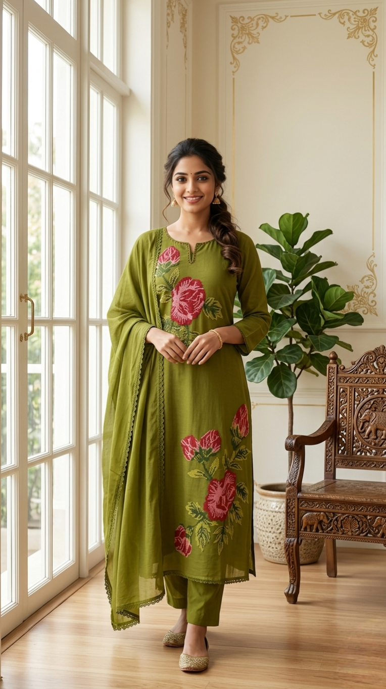Women Mehandi Thread Embroidered Mul Cotton Kurta Pant Dupatta Set