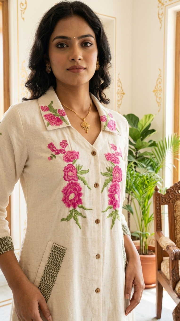 Women Beig Floral Embroidered Cotton Long Coord Set