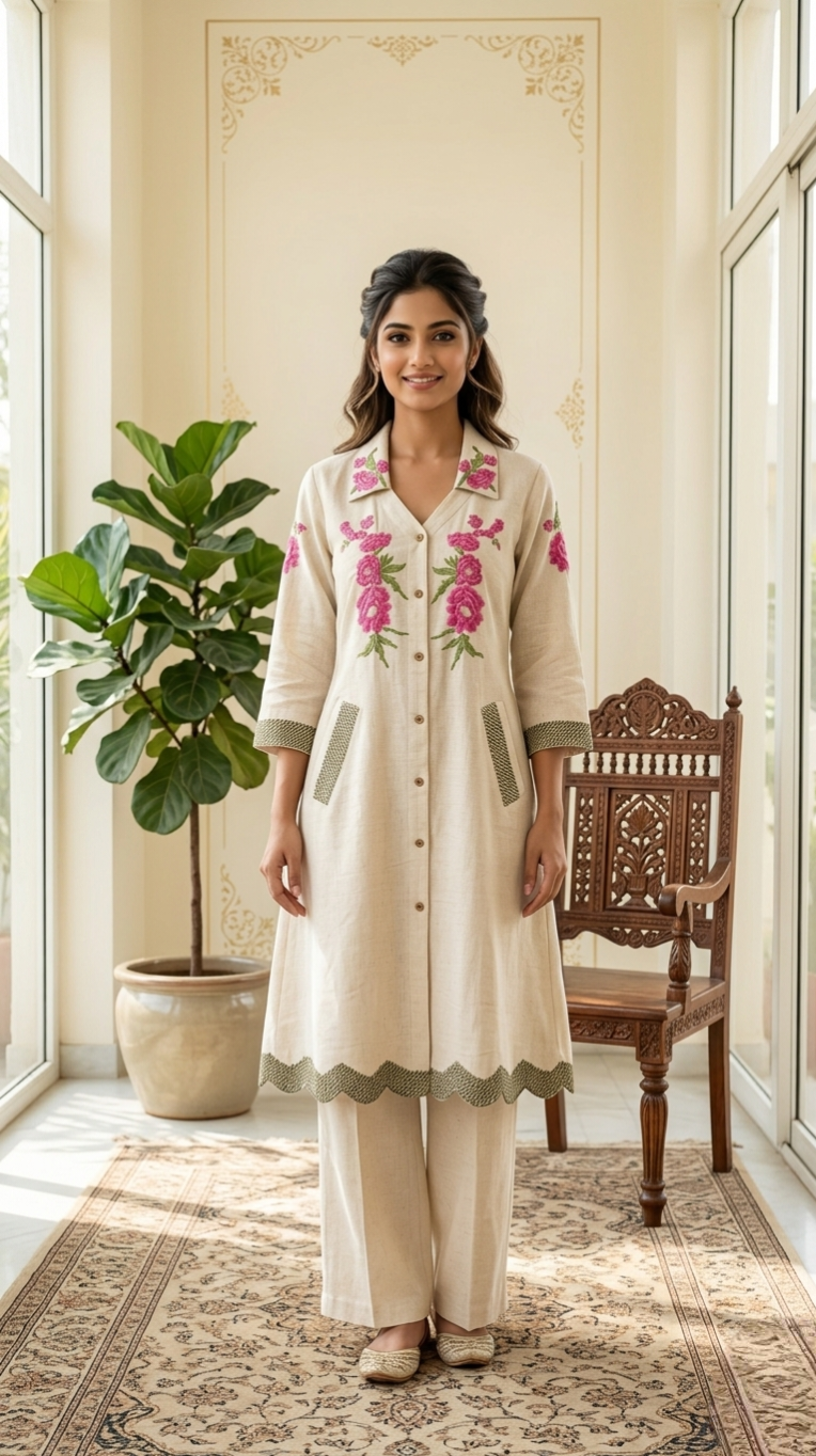 Women Beig Floral Embroidered Cotton Long Coord Set