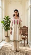 Women Beig Floral Embroidered Cotton Long Coord Set