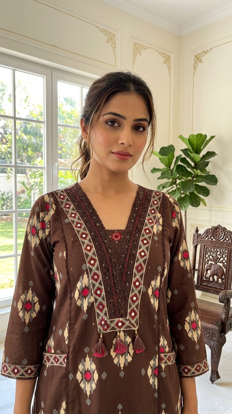 Women Coffee Thread Work With Printed Cotton Kurta Pant Dupatta Set