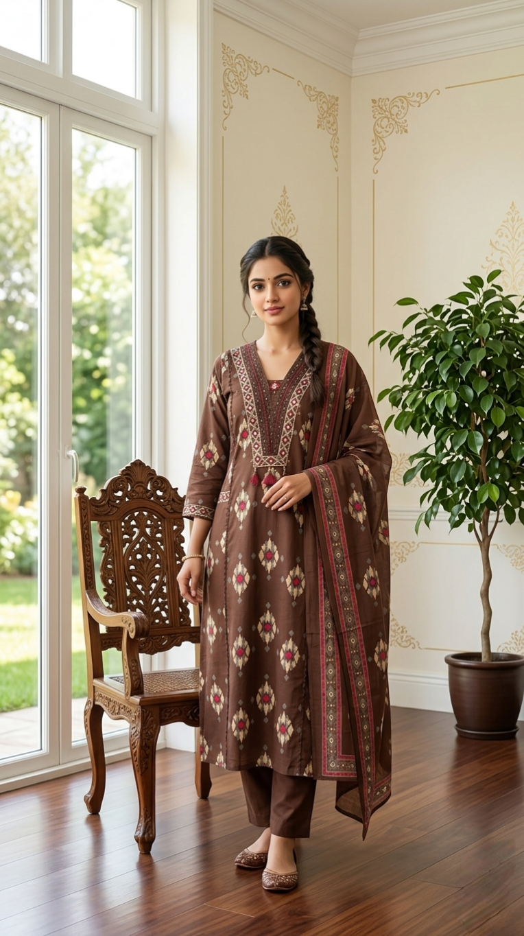Women Coffee Thread Work With Printed Cotton Kurta Pant Dupatta Set