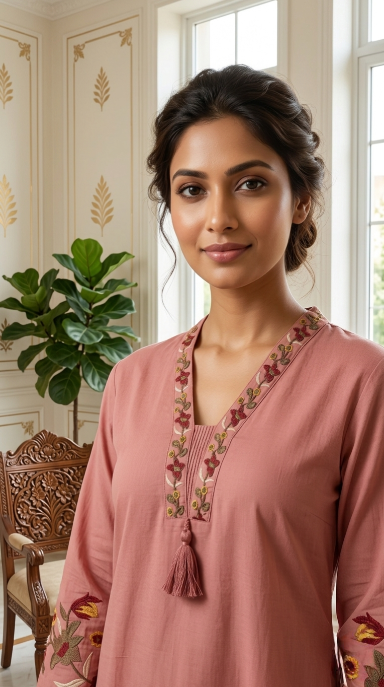 Women Onion Floral Embroidered Cotton Kurta Pant Dupatta Set