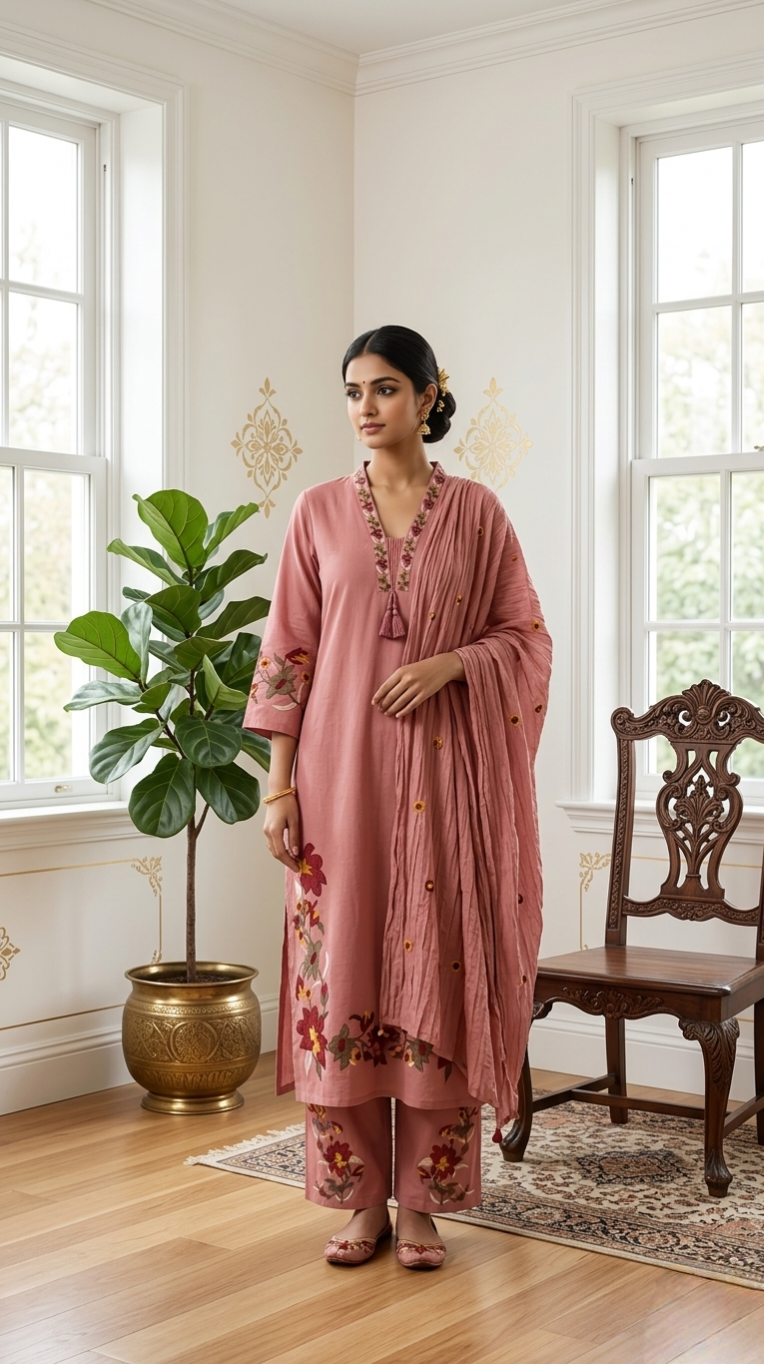 Women Onion Floral Embroidered Cotton Kurta Pant Dupatta Set