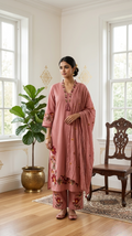 Women Onion Floral Embroidered Cotton Kurta Pant Dupatta Set
