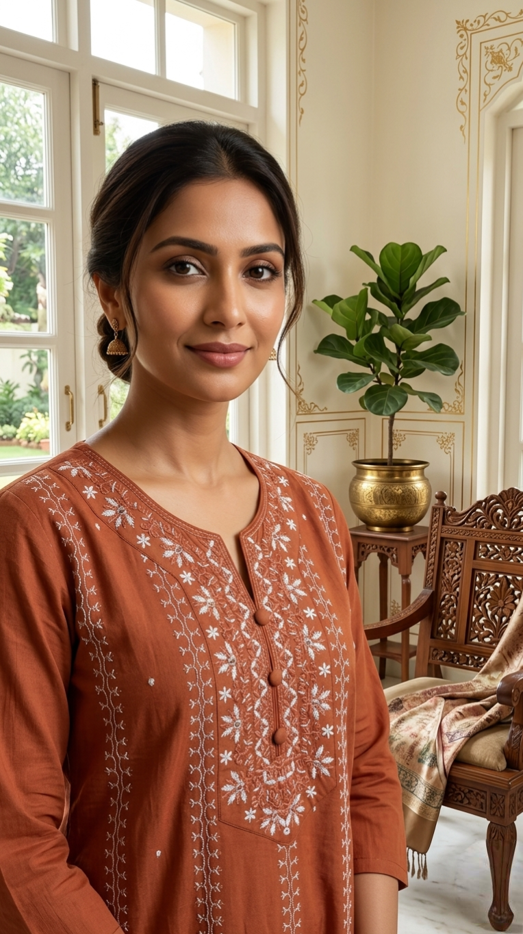 Women Rust Thread Work Cotton Kurta Pant Dupatta Set