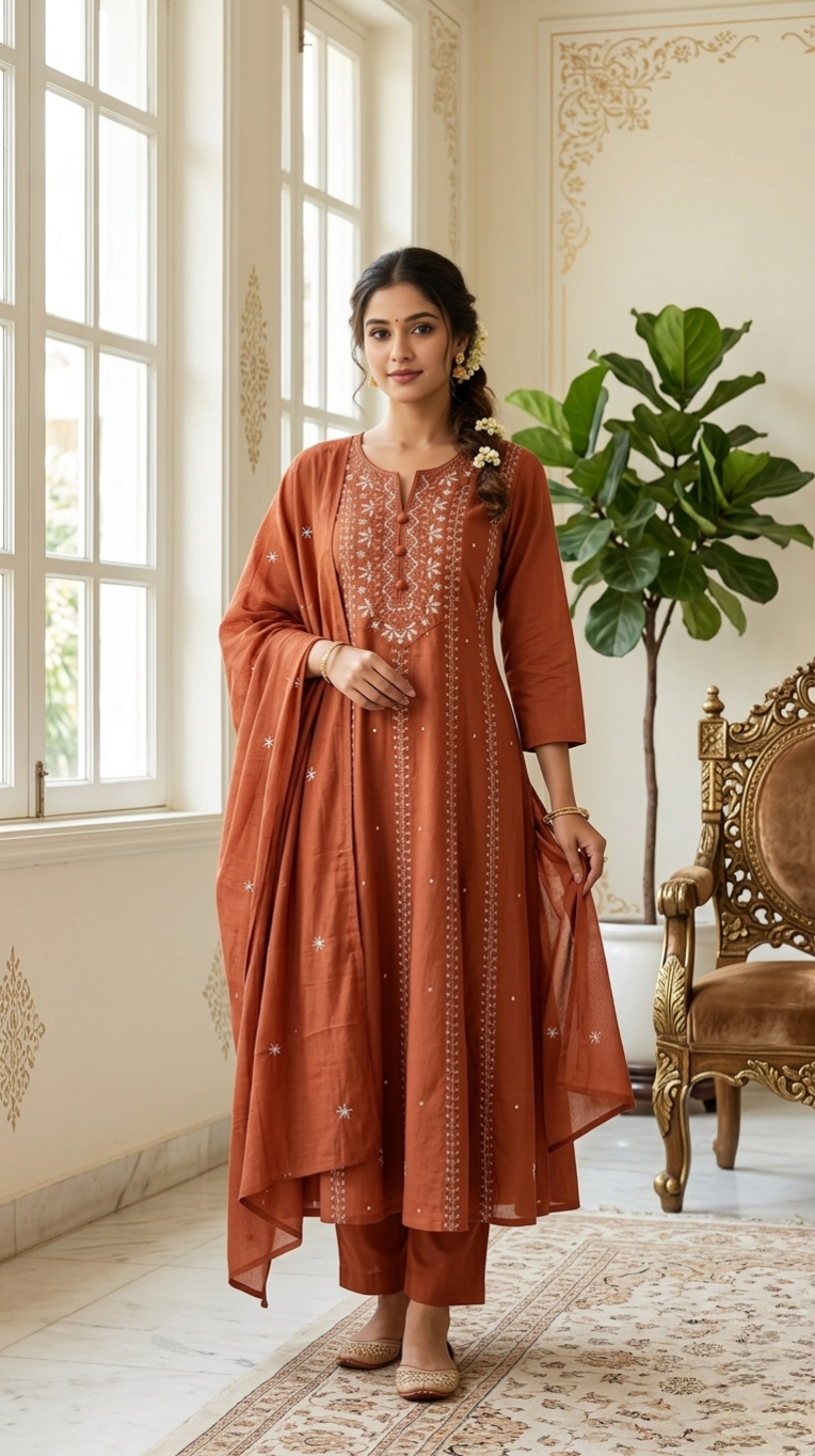 Women Rust Thread Work Cotton Kurta Pant Dupatta Set