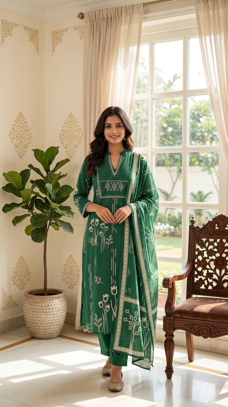 Women Green Printed With Beads Work Cotton Kurta Pant Dupatta Set