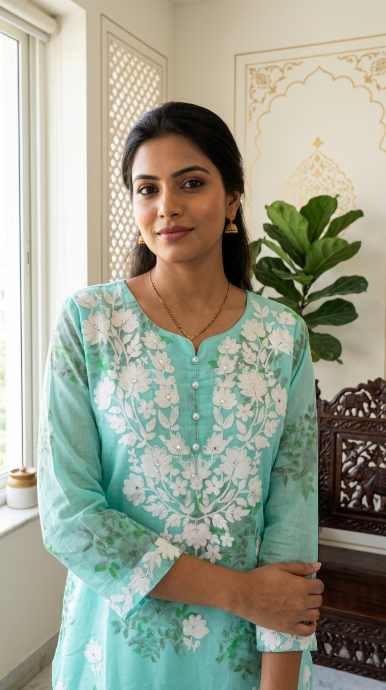 Women Pastel Green Chikankari Work Cotton Kurta Pant Dupatta Set
