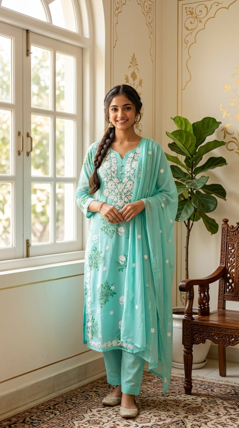 Women Pastel Green Chikankari Work Cotton Kurta Pant Dupatta Set