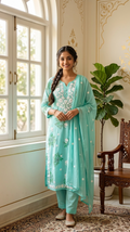 Women Pastel Green Chikankari Work Cotton Kurta Pant Dupatta Set