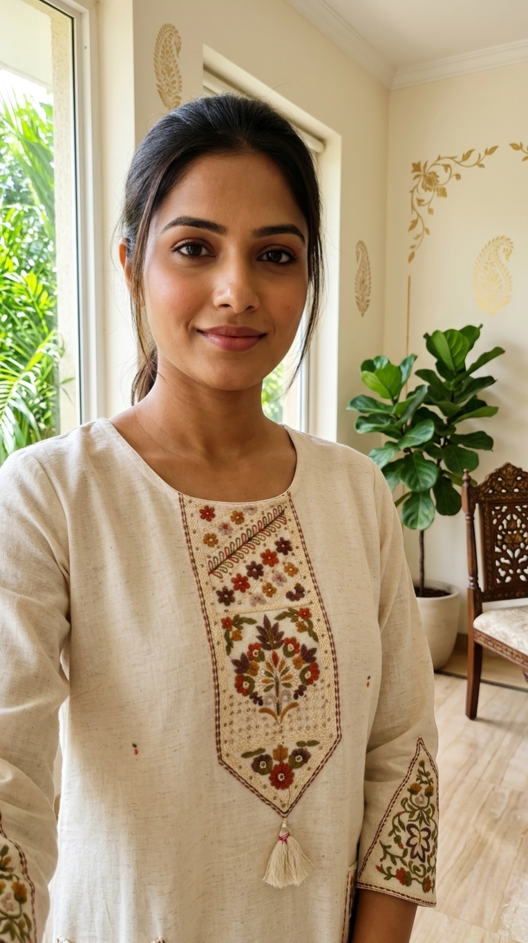 Women Off White Thread With Beads Work Cotton Kurta Pant Dupatta Set