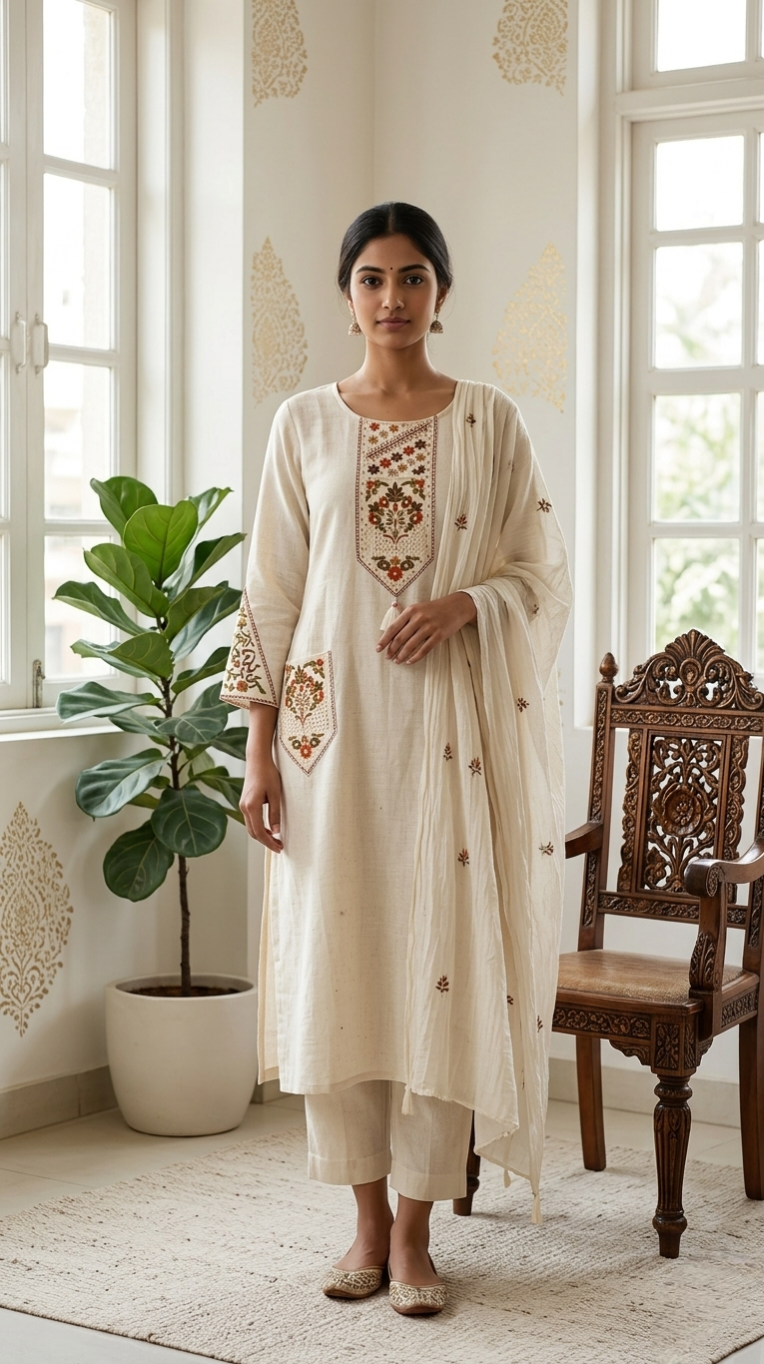 Women Off White Thread With Beads Work Cotton Kurta Pant Dupatta Set