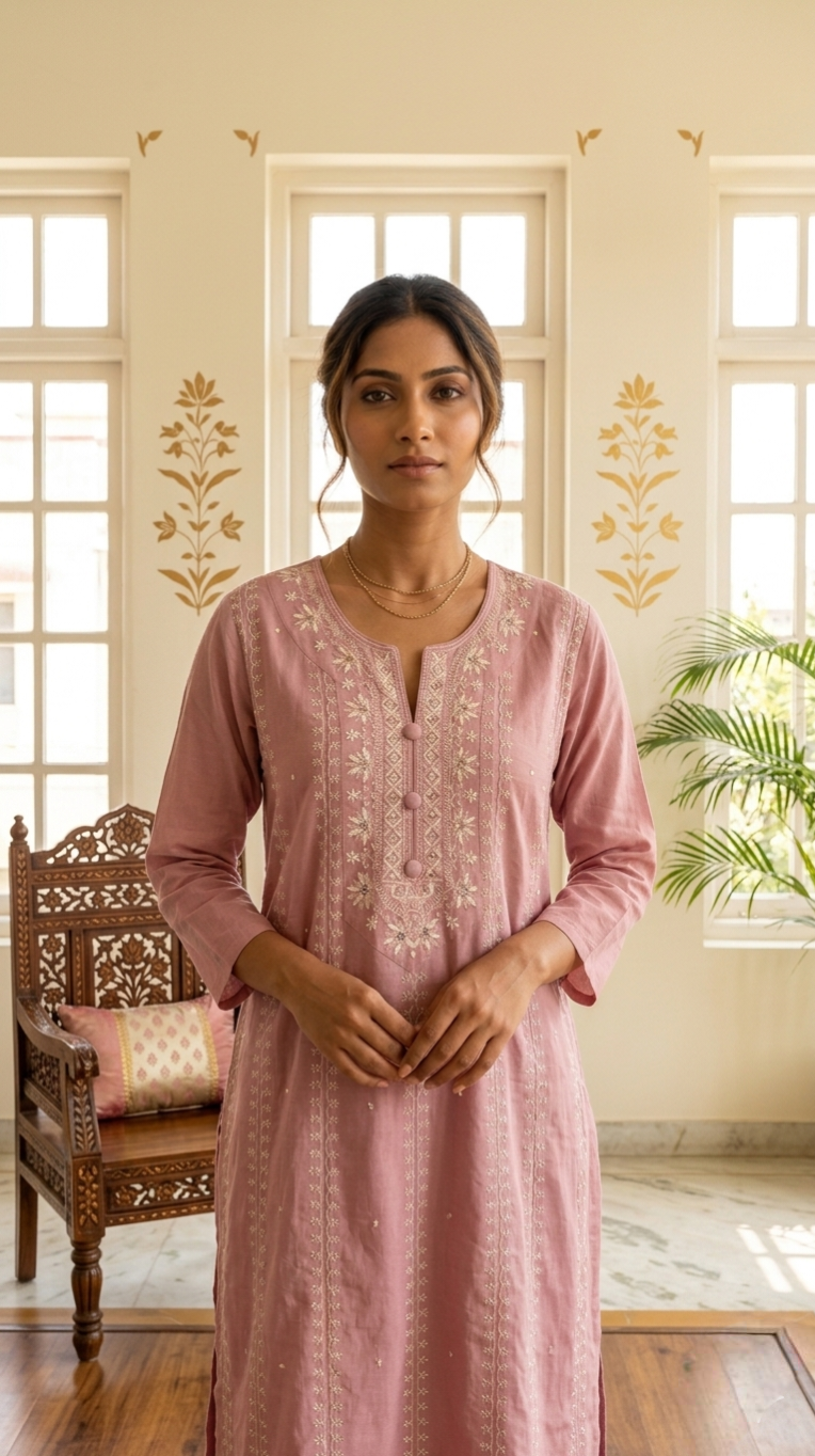 Women Pink Thread Work Cotton Kurta Pant Dupatta Set