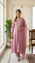 Women Pink Thread Work Cotton Kurta Pant Dupatta Set
