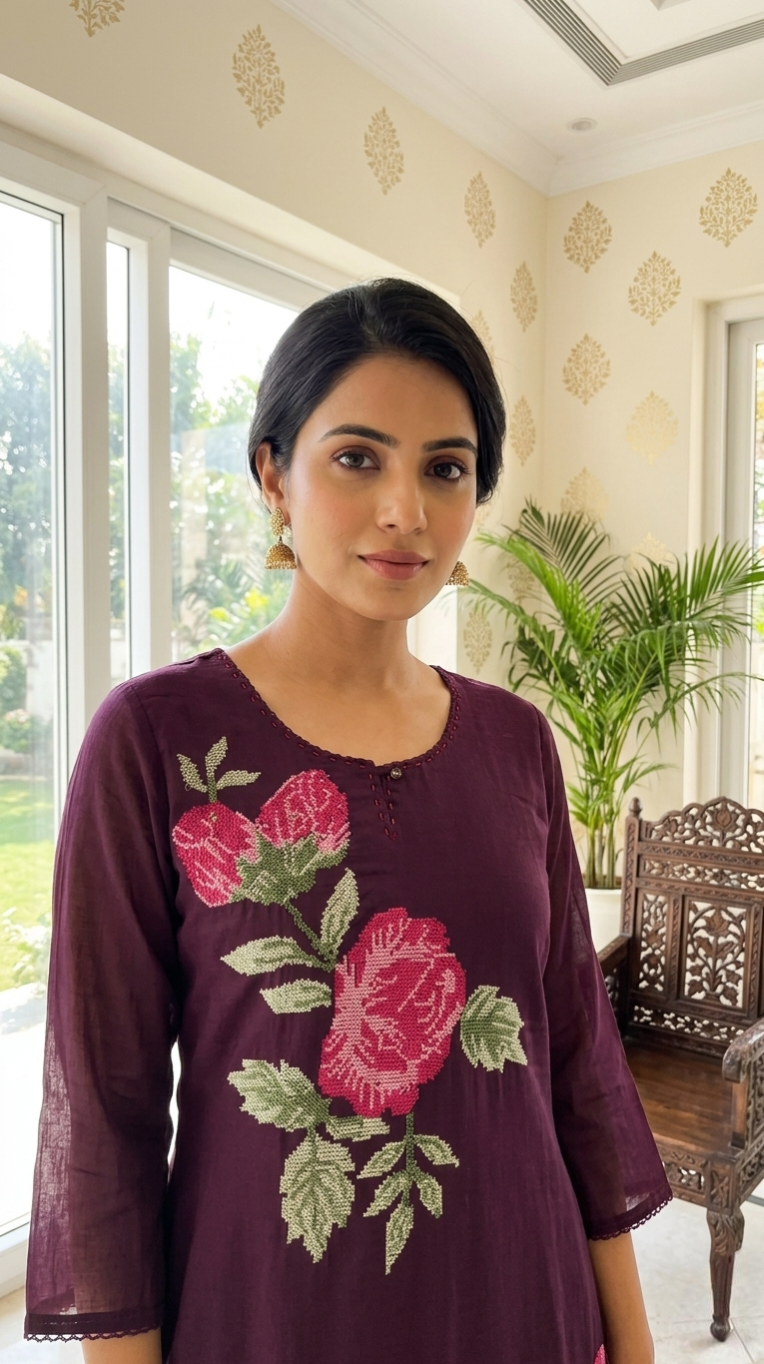 Women Purple Thread Embroidered Mul Cotton Kurta Pant Dupatta Set