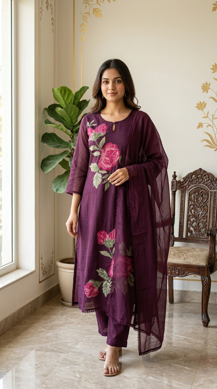 Women Purple Thread Embroidered Mul Cotton Kurta Pant Dupatta Set
