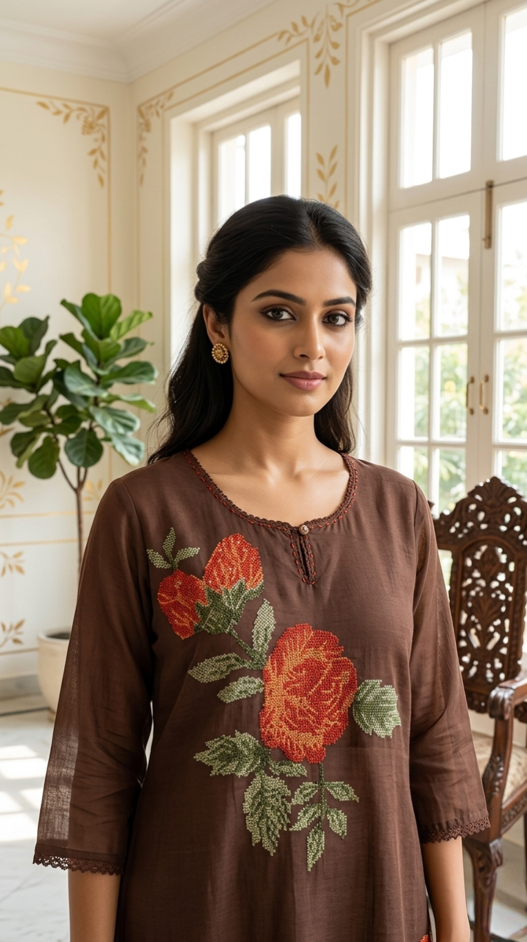 Women Coffee Thread Embroidered Mul Cotton Kurta Pant Dupatta Set