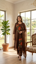 Women Coffee Thread Embroidered Mul Cotton Kurta Pant Dupatta Set