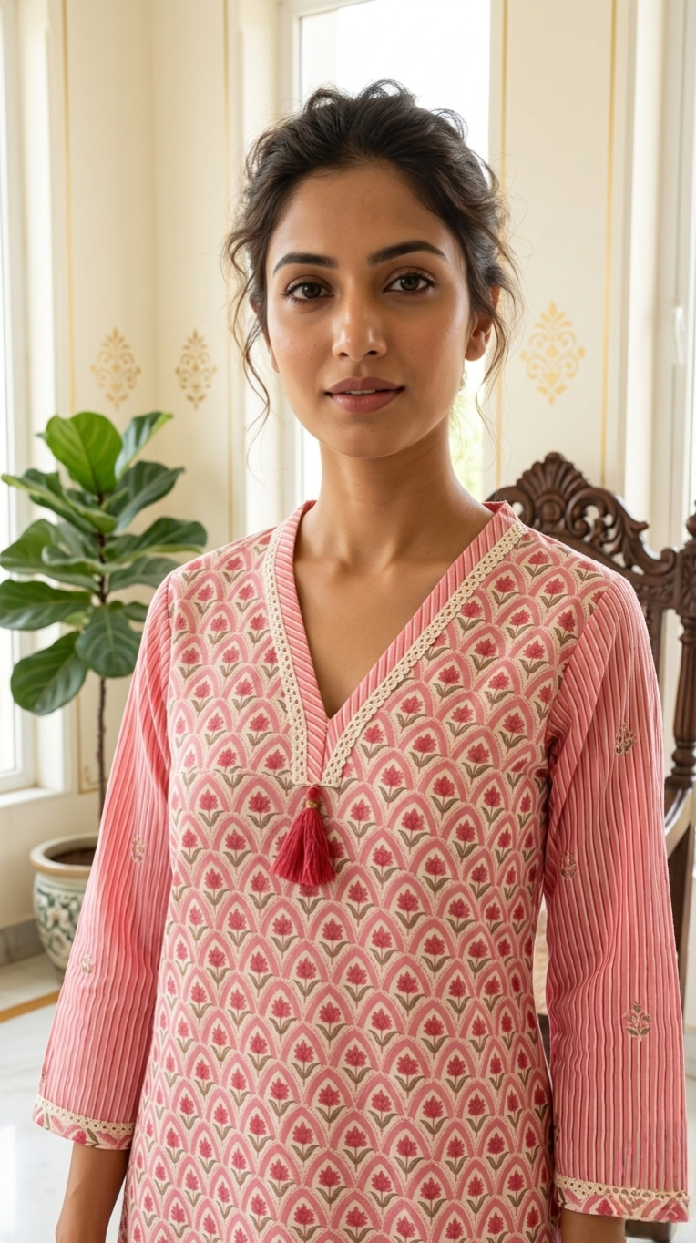 Women Pink Printed Cotton Kurta Pant Dupatta Set