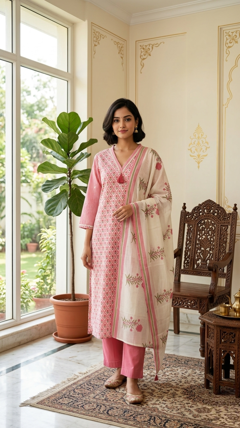 Women Pink Printed Cotton Kurta Pant Dupatta Set