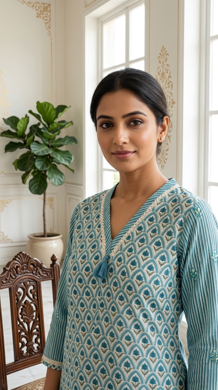 Women Light Blue Elegant Printed Cotton Kurta Pant Dupatta Set