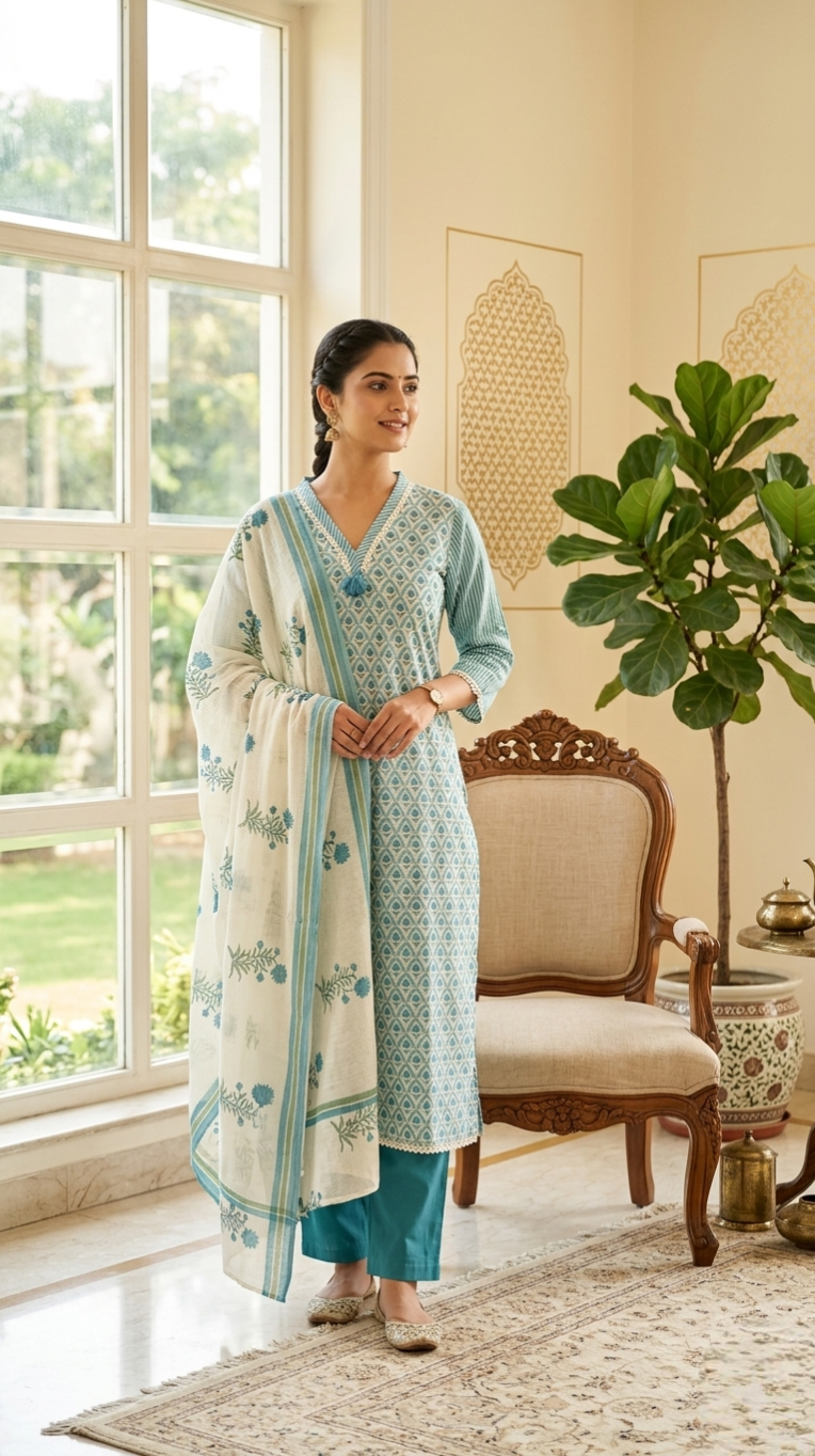 Women Light Blue Elegant Printed Cotton Kurta Pant Dupatta Set