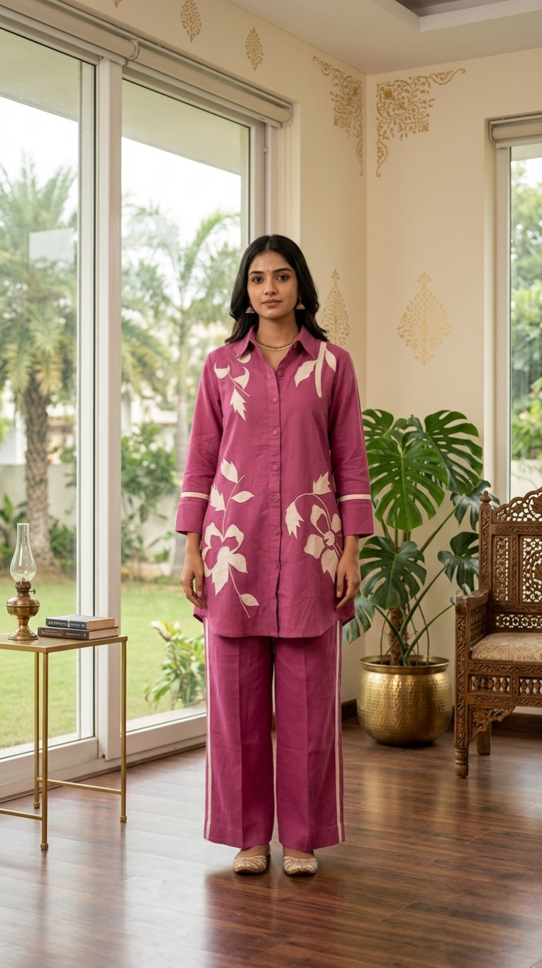 Women Pink Embroidered Cotton Coord Set