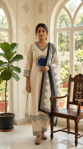 Women Off White Embroidered Cotton Kurta Pant Dupatta Set