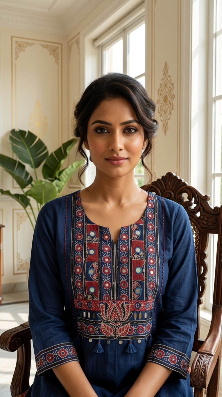 Women Navy Mirror With Patch Work Cotton Kurta Pant Dupatta Set