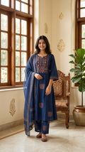 Women Navy Mirror With Patch Work Cotton Kurta Pant Dupatta Set