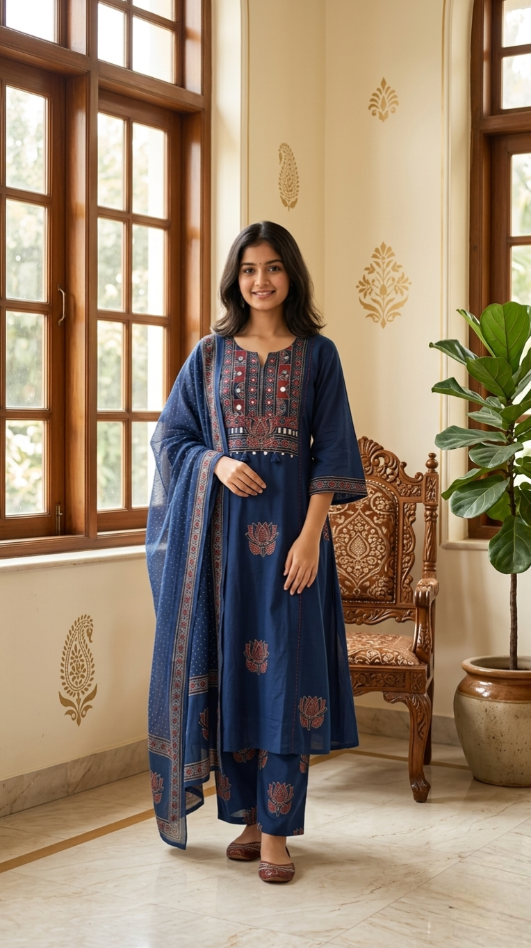 Women Navy Mirror With Patch Work Cotton Kurta Pant Dupatta Set