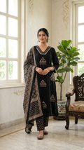 Women Black Patch Work Cotton Kurta Pant Dupatta Set