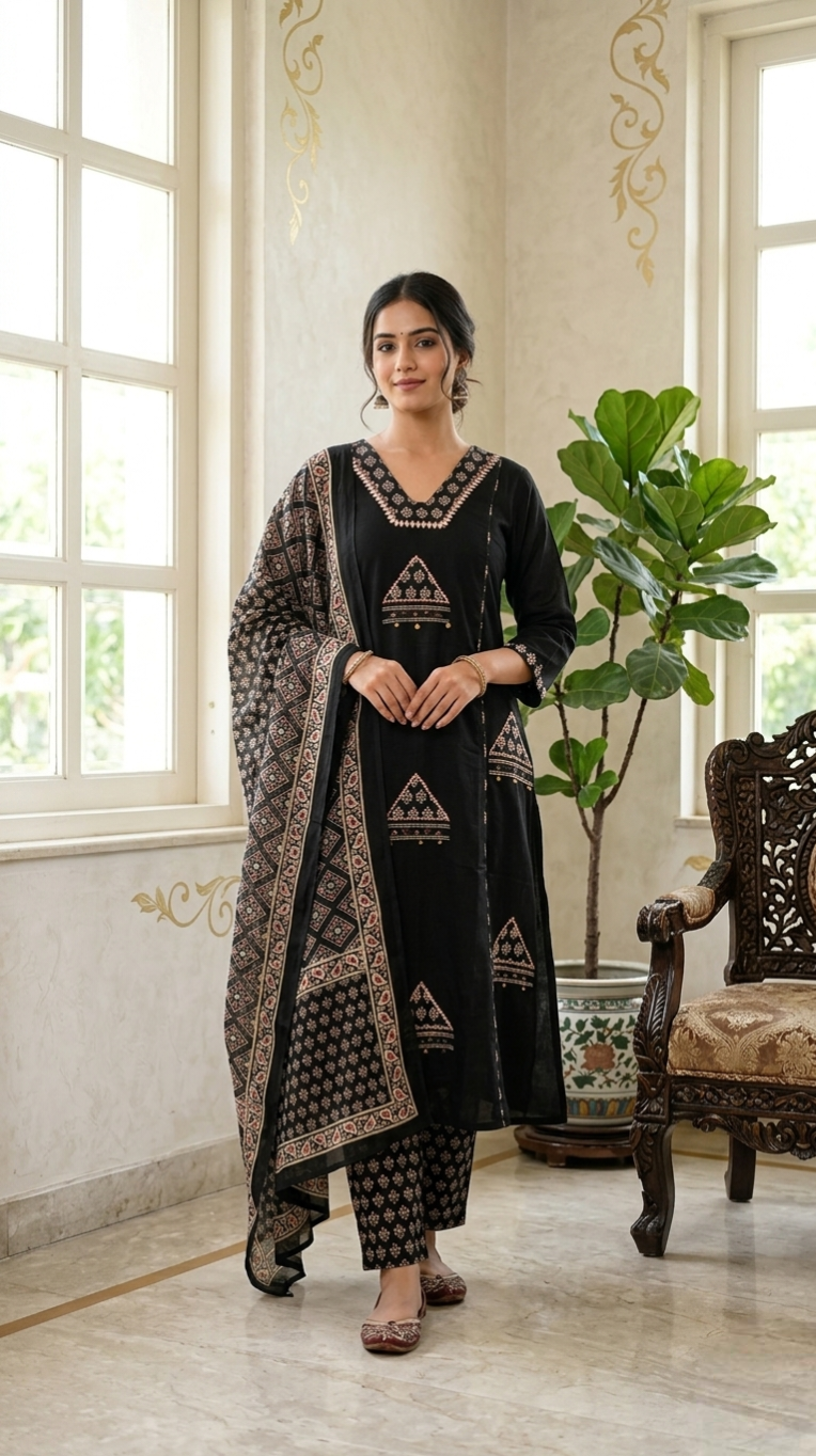 Women Black Patch Work Cotton Kurta Pant Dupatta Set