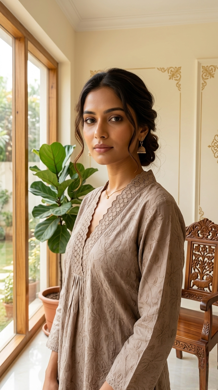 Women Light Brown Thread Work Cotton Kurta Plazo Set