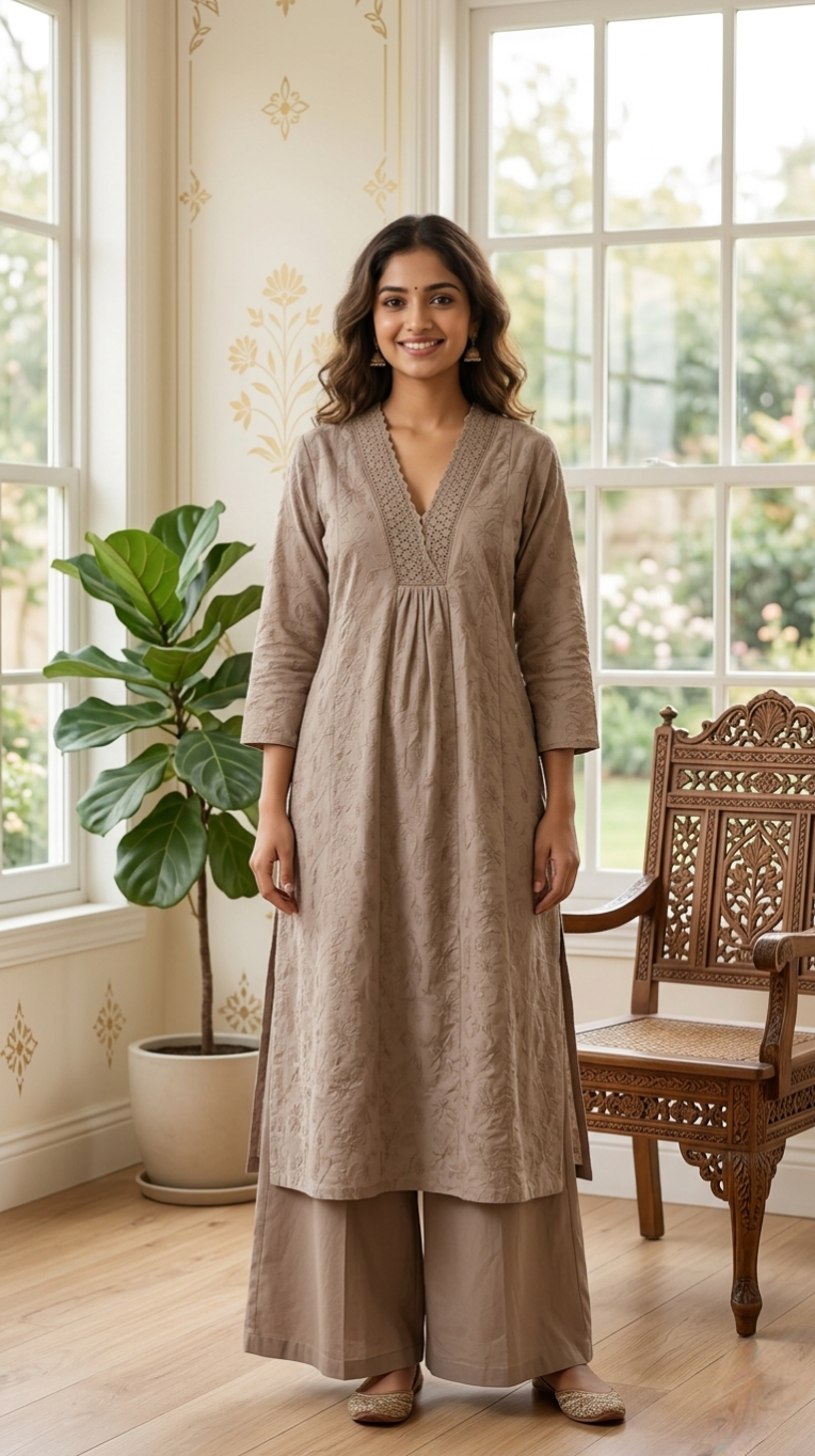 Women Light Brown Thread Work Cotton Kurta Plazo Set